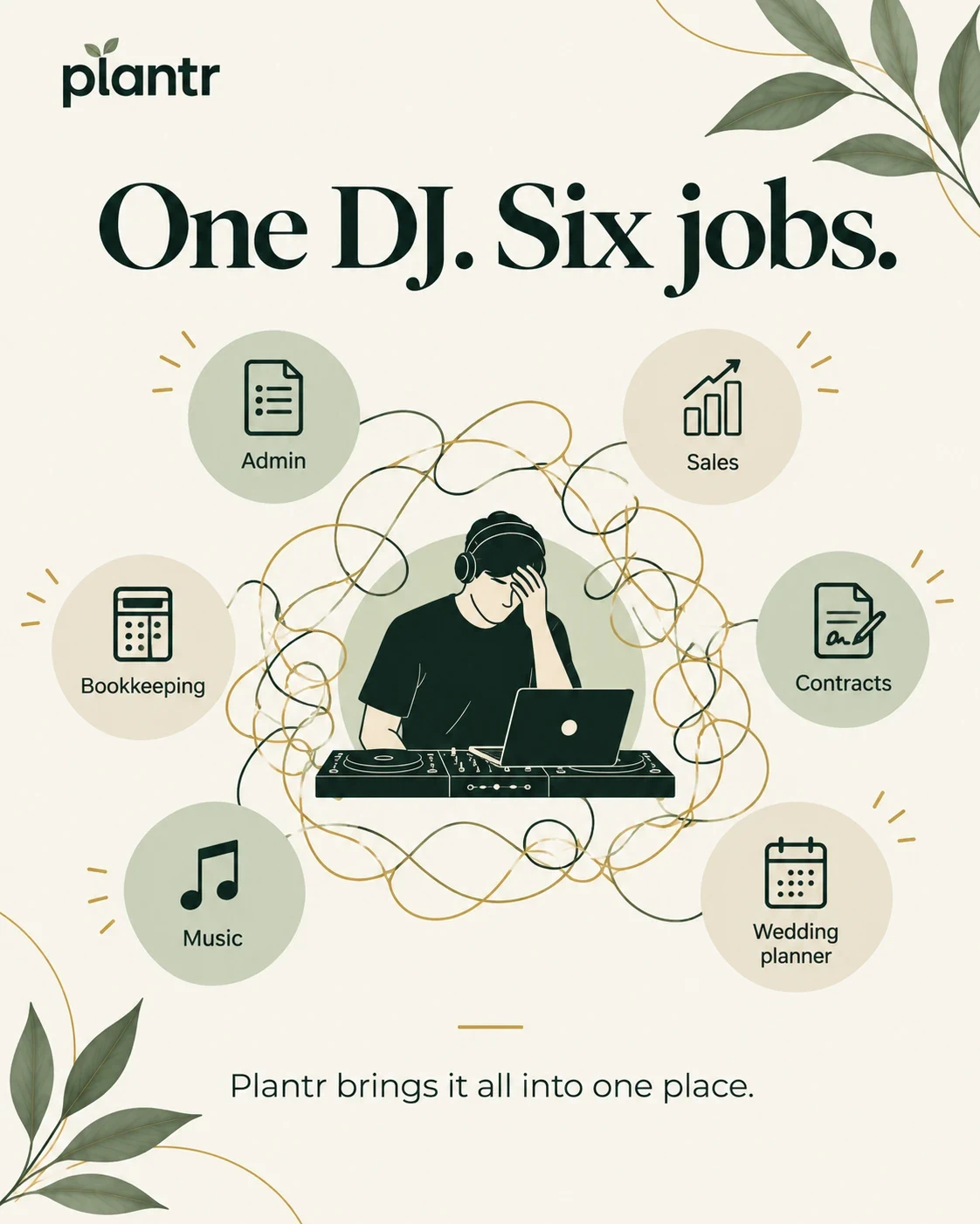 One DJ, six jobs: a stressed DJ tangled between admin, sales, bookkeeping, contracts, music and wedding planning. Plantr brings it all into one place.
