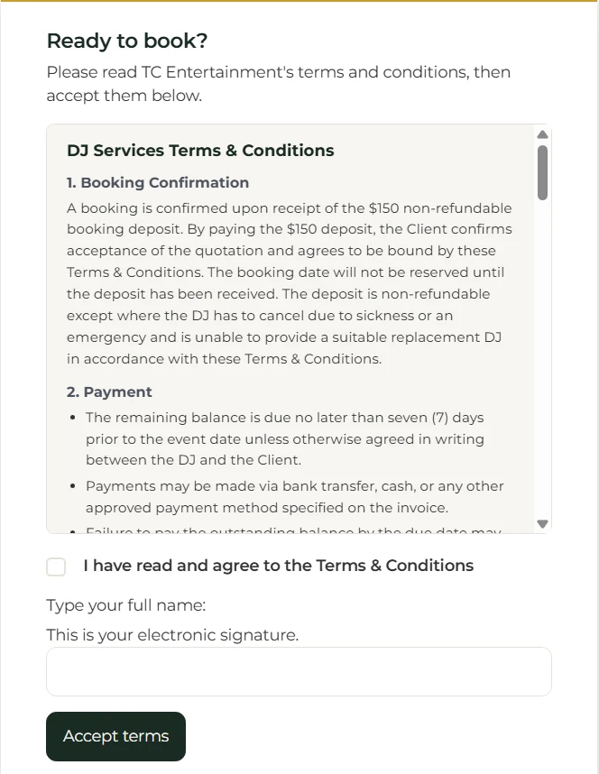 The couple reads the DJ's terms and conditions, ticks to agree and types their name to sign.