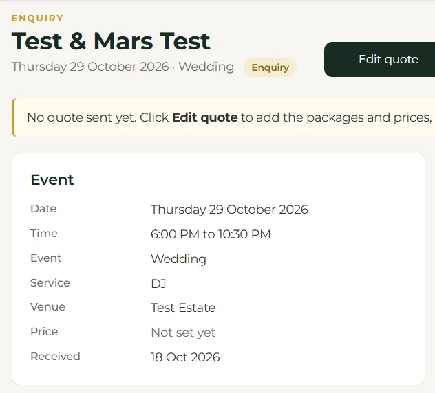 A Plantr enquiry showing the event date, time, venue and service.