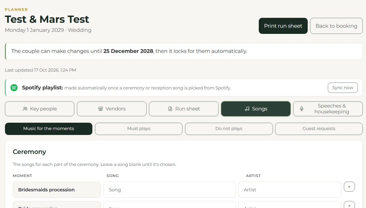 The music planner with ceremony moments, songs and artists, and a Spotify playlist sync.