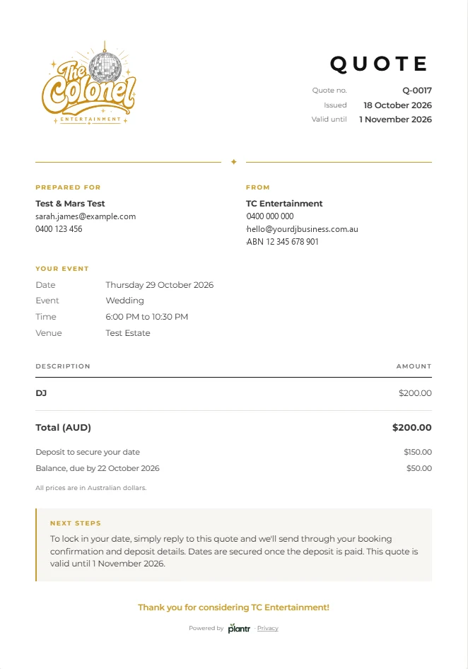 A branded quote with the DJ's logo, event details, total, deposit and balance.